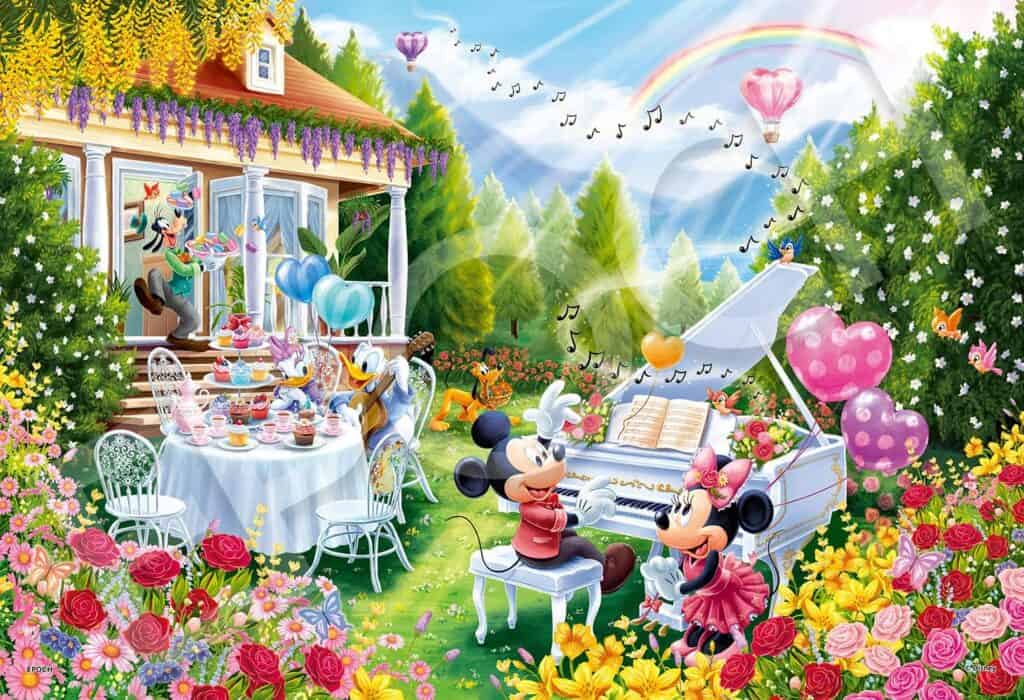 Enchanting Disney characters in a vibrant garden setting with a tea party and musical performance.