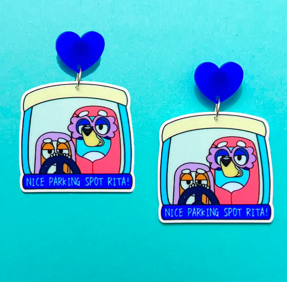 Disney character earrings with parking sign design, vibrant colors, and fun style for Disney lovers.