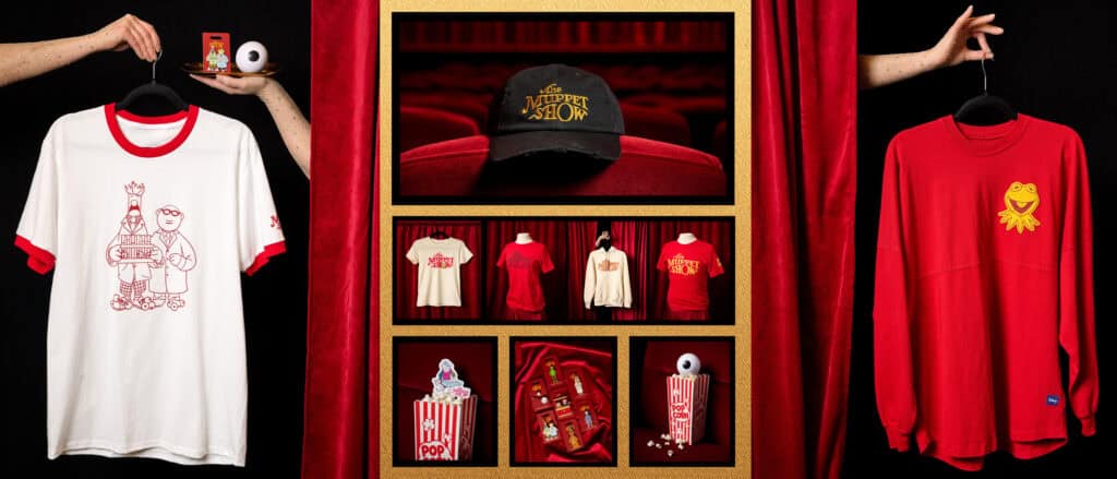 Disney merchandise including T-shirts, hats, and accessories on display.