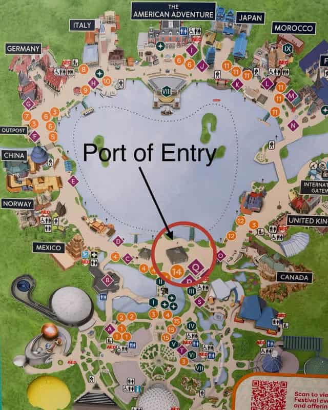 Epcot World Showcase map highlighting pavilions and attractions around the Port of Entry.