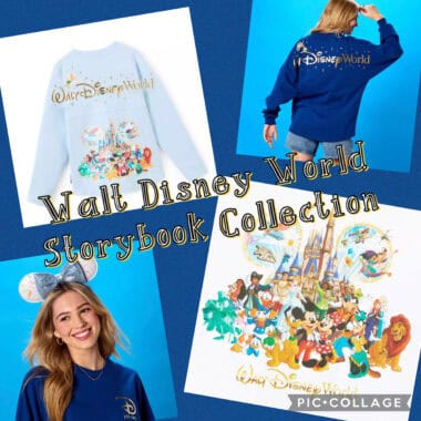 Disney World storybook themed sweatshirt with colorful castle and characters design.