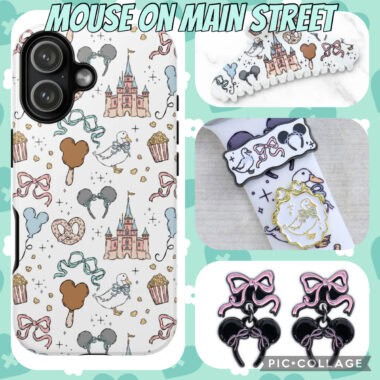 Disney Mouse on Main Street themed phone case with castles, cupcakes, and bows design.