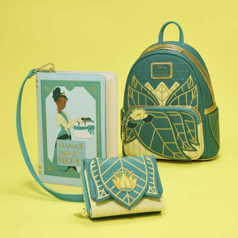 Loungefly Disney Princess backpack and wallet featuring Tiana and Jasmine designs.