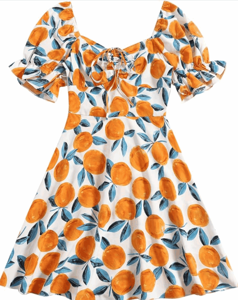 Orange Sweetheart Dress with ruffled sleeves and a playful citrus print, perfect for Disney-themed o.