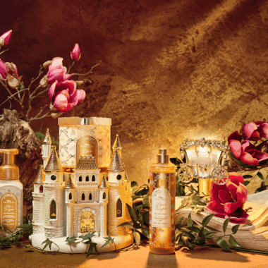 Inspired castle with pink orchids and glowing candles for magical ambiance.