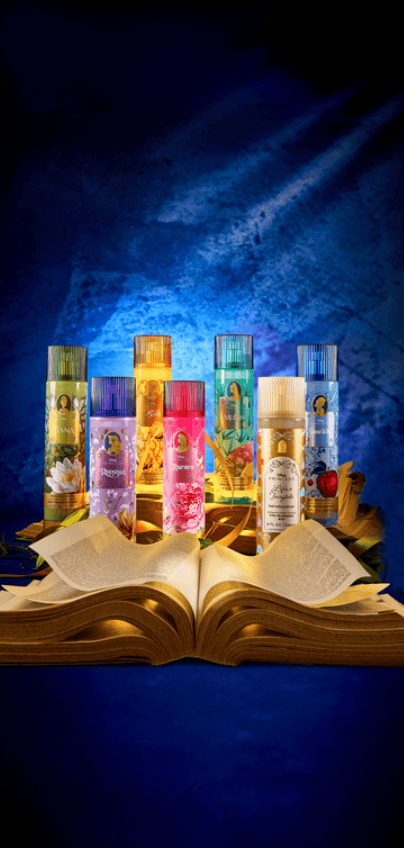 Colorful Disney-themed perfume bottles on open book display.
