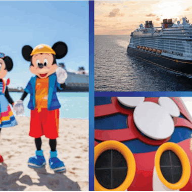 Disney cruise ship with Mickey and Minnie characters on deck.