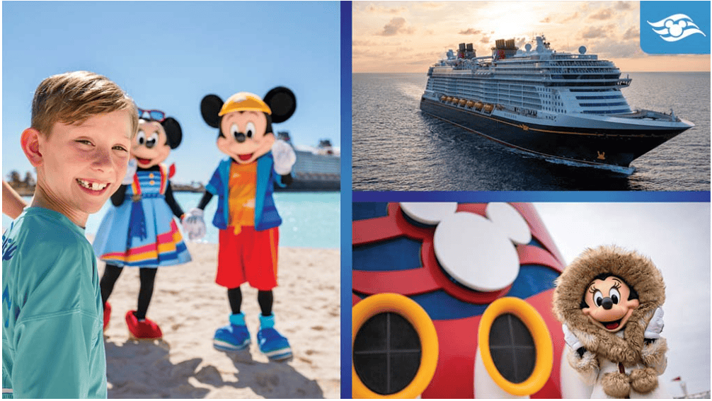 Disney cruise ship with Mickey and Minnie characters on deck.