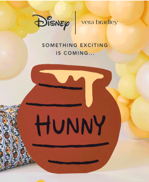 Winnie the Pooh themed Vera Bradley collection teaser with balloons and honey pot design.