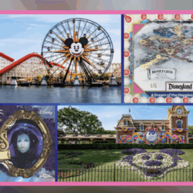 Disney 70th anniversary trading cards featuring Disneyland landmarks and themed designs.