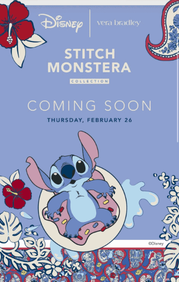 Stitch Monstera collection by Vera Bradley launching February 26, featuring Disney's Stitch.