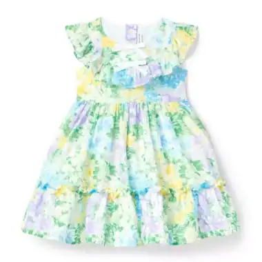 Baby girl floral dress with ruffled sleeves and pastel watercolor print.