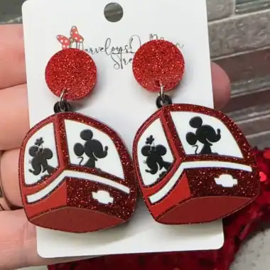 Red glitter Mickey Mouse bus earrings with black accents, perfect Disney fashion accessory.