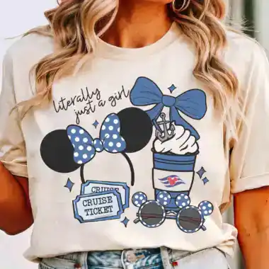 Casual T-shirt featuring Minnie Mouse, cruise accessories, and playful design elements.