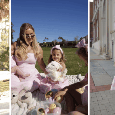 Mommy and daughters in stylish pink and white outfits for a fun day together.