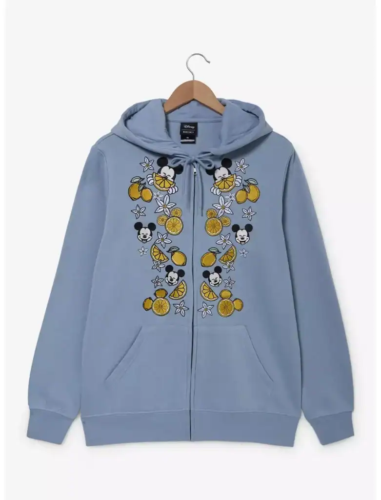 Cute Mickey Mouse hoodie with lemon and floral embroidery. Perfect for Disney fans and summer style.