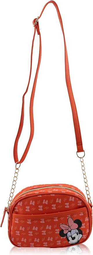 Red Minnie Mouse crossbody bag with chain strap and bow design.
