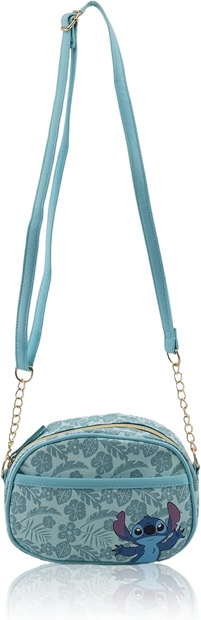 Blue Stitch crossbody bag with floral pattern and chain strap.