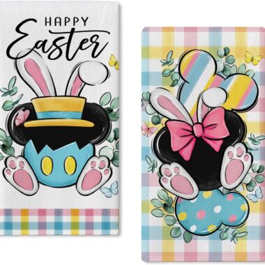 Easter Disney bunny dish towels featuring Mickey Mouse ears and pastel colors, perfect for spring ho.