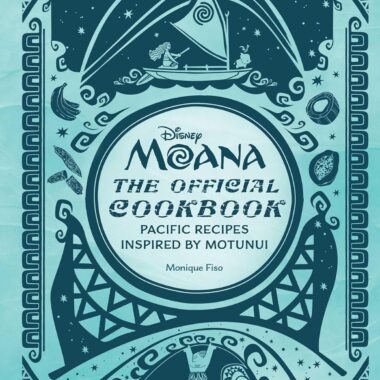 Moana cookbook cover with ocean-themed design and Polynesian motifs.