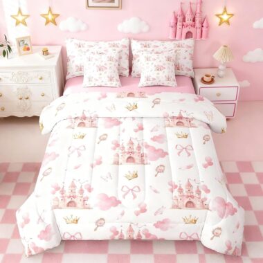 Bright pink Disney-themed bed with castle, crowns, and bows design.