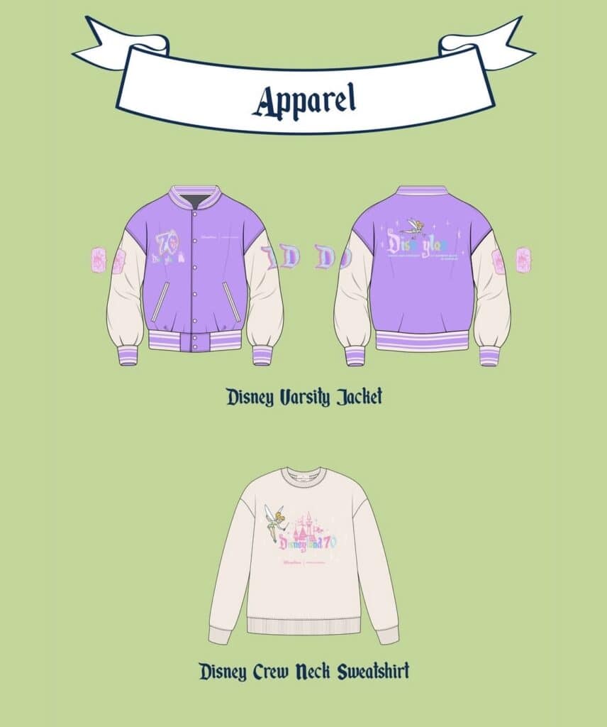 Disney varsity jacket and crew neck sweatshirt featuring Disney-themed designs.