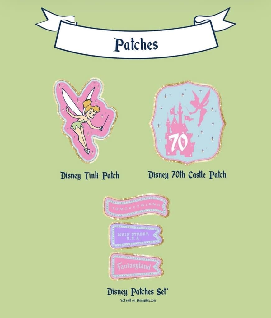 Disney patches featuring Tinker Bell, castle, and themed signs for fans and collectors.