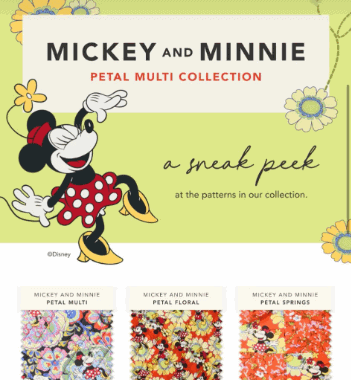Mickey and Minnie floral pattern collection featuring Disney characters.
