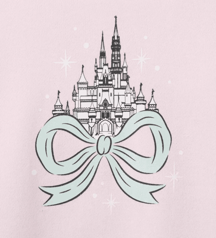 Disney castle with pastel bow and sparkles, whimsical and magical design.