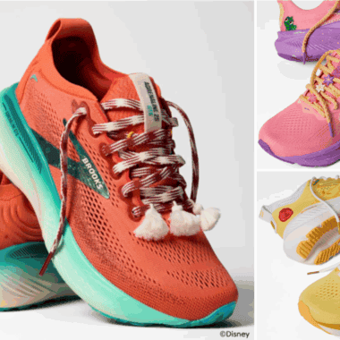 Bright pink and purple Disney princess running shoes with floral and star details.