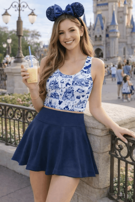 Woman in Disney-themed blue dress at Disney park with castle background.