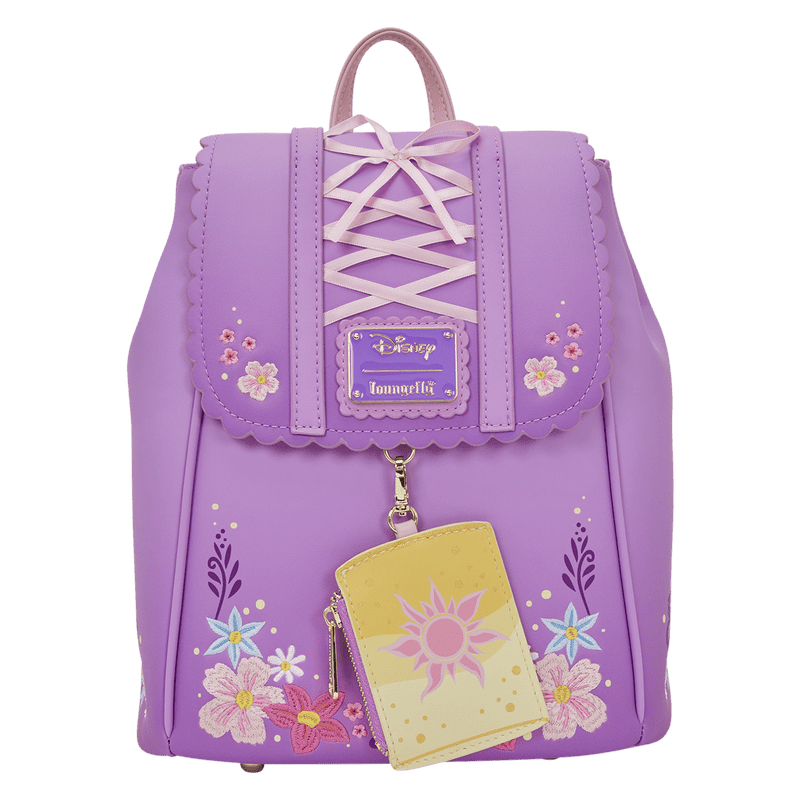 Purple Disney backpack with floral plush plant design and matching accessory.