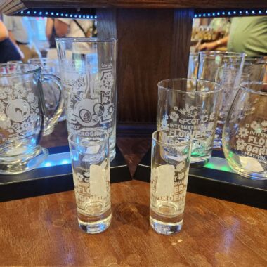 Disney-themed glassware set featuring EPCOT Flower & Garden Festival designs.