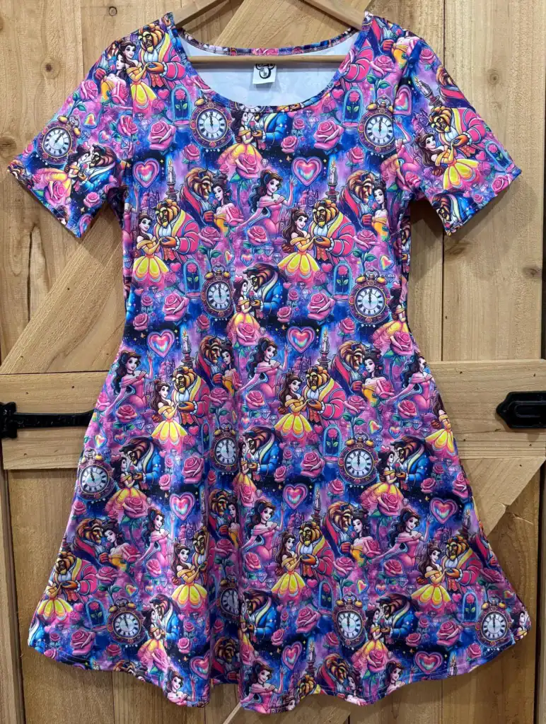 Disney princess dress with vibrant heart and clock pattern, perfect for fans of Disney fashion and p.