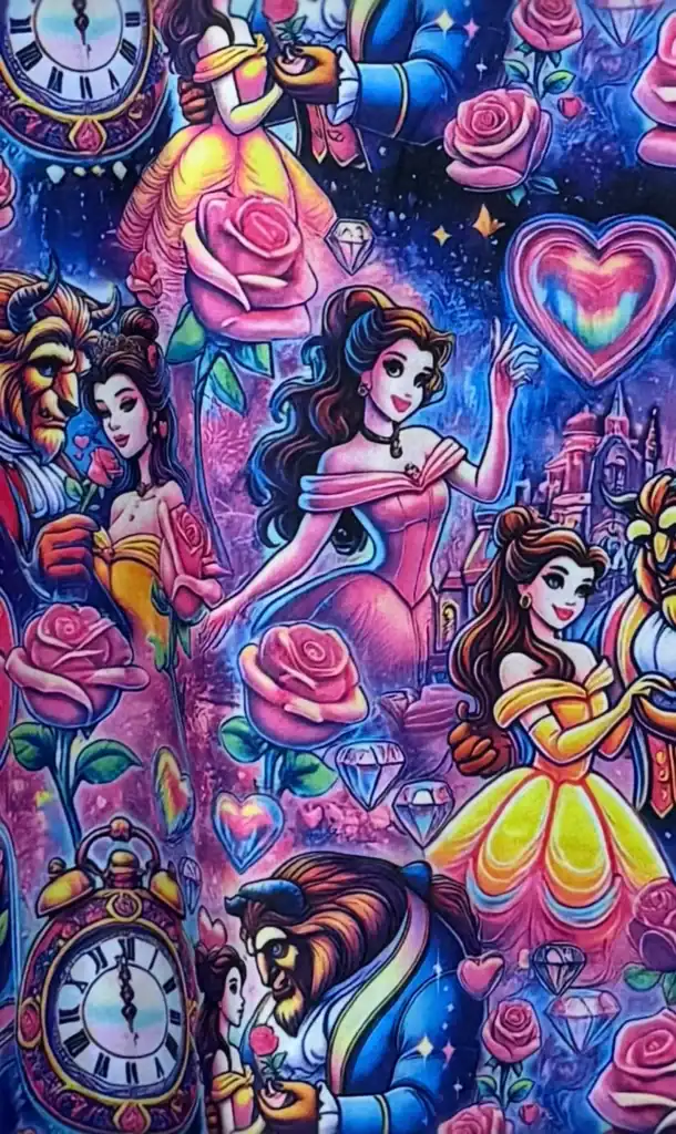 Disney princesses in a vibrant, magical scene with roses and sparkling hearts.