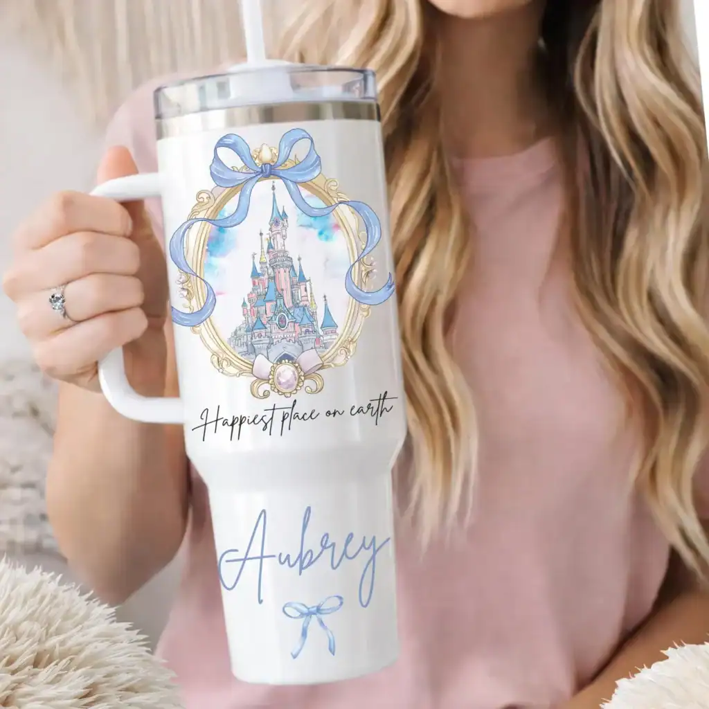 Disney castle mug with "Happiest Place on Earth" and personalized name Aubrey.