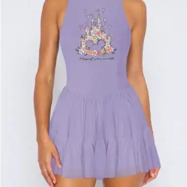 Purple Disney princess tulle dress with castle and Mickey Mouse design, perfect for fans.