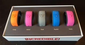 Five vibrant MagicBands labeled Cindy, Adelei, Chad, Hayden, and Kaela await in a box—ready for Disney World fun!.