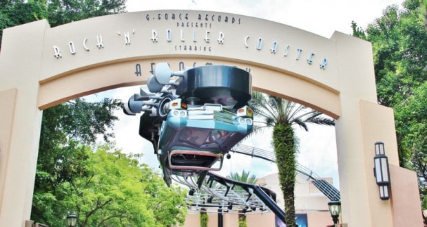 Rock 'n' Roller Coaster entrance at Disney's Hollywood Studios, with iconic super-stretch limo and towering track overhead.