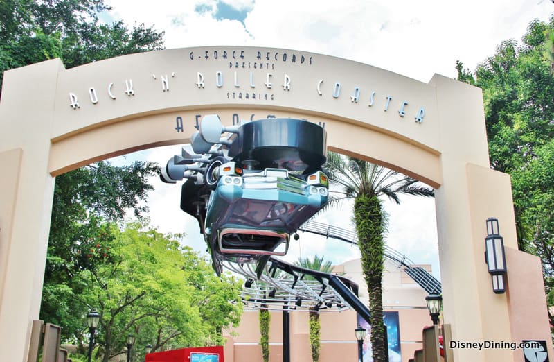 Rock 'n' Roller Coaster entrance at Disney's Hollywood Studios, with iconic super-stretch limo and towering track overhead.