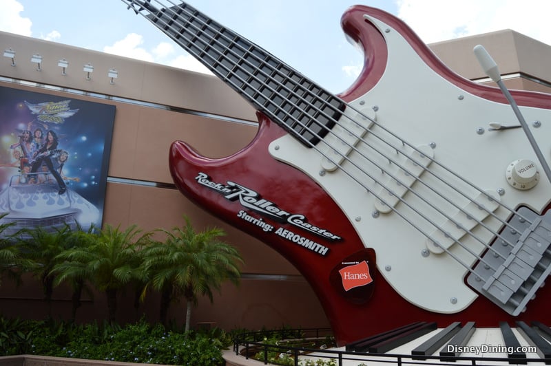 Giant red guitar sculpture at Rock 'n' Roller Coaster Starring Aerosmith, Disney's Hollywood Studios.