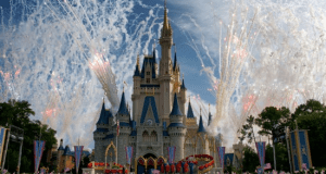 Fireworks light up the night sky above Cinderella Castle as Disney World guests watch in amazement during a magical show.