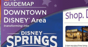 Disney Springs guide map cover highlights the area’s evolution from Downtown Disney, set on a starry purple backdrop.