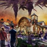 Guests make their way to the vibrant, retro Jock Lindsey’s Hangar Bar at sunset in Disney Springs, framed by swaying palm trees.
