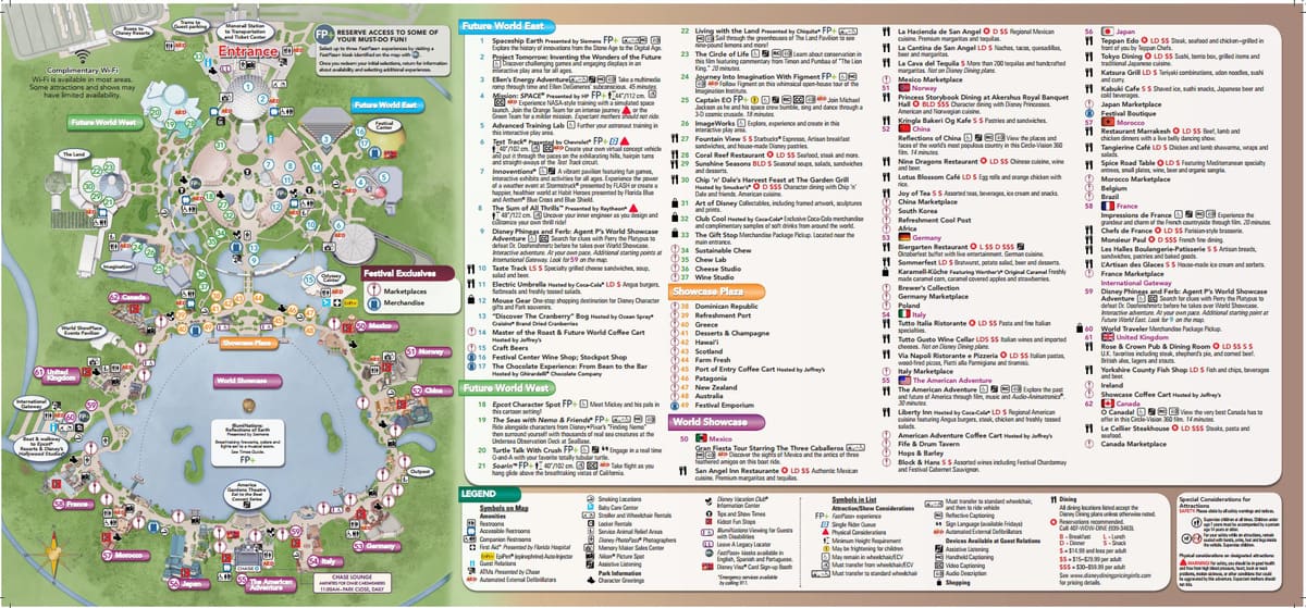 2015 Epcot Food and Wine Festival map highlighting popular attractions, global food kiosks, and guest services with vibrant icons.