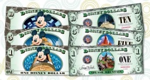 Three Disney Dollars bills featuring Mickey Mouse and iconic Disney World attractions, perfect collectibles for park fans.