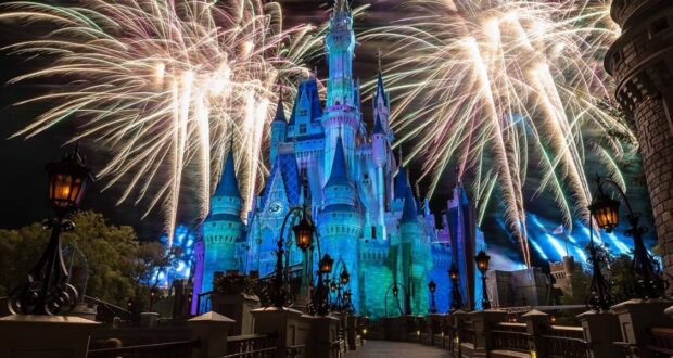 Fireworks burst over Cinderella Castle at Walt Disney World, illuminating the park in a dazzling, enchanting nighttime spectacle.