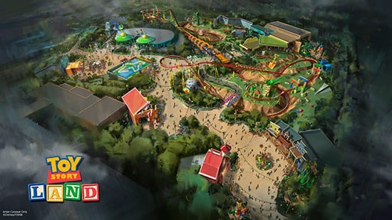 Aerial shot of Toy Story Land in Disney’s Hollywood Studios, featuring vibrant rides, playful paths, happy guests, and lush landscape.