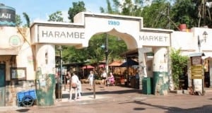 Harambe Market entrance arch at Disney's Animal Kingdom, bustling with guests, lush trees, and vibrant market stalls beyond.