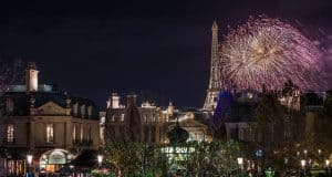 Spectacular fireworks illuminate the Eiffel Tower and Parisian streets in Epcot’s France Pavilion at Walt Disney World.